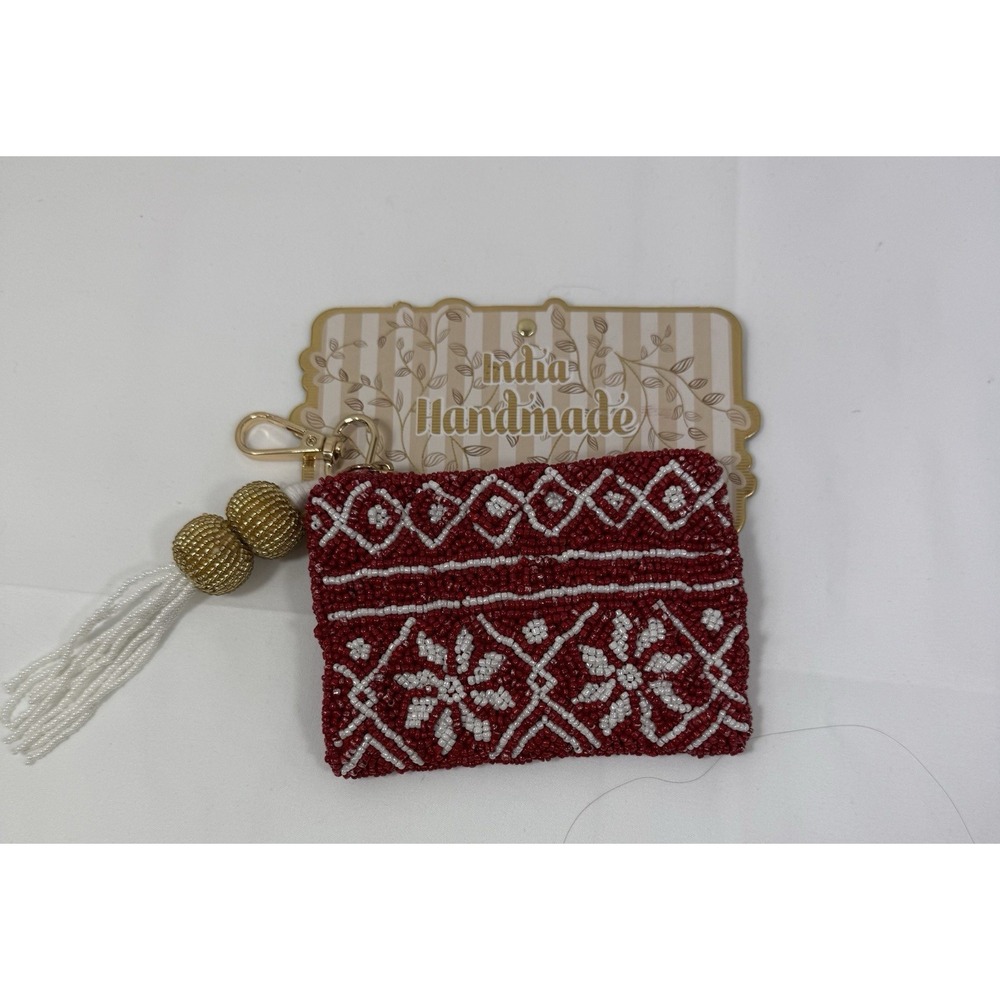 Glass Beaded Coin Card Pouch Bag Handmade Red White Gold Accents Holiday Party